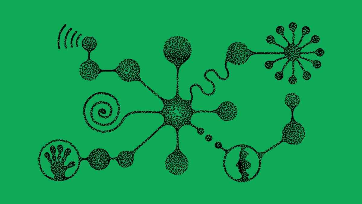 Abstract network with branching nodes interconnected organically, two of them framing a handprint and a person’s side profile.