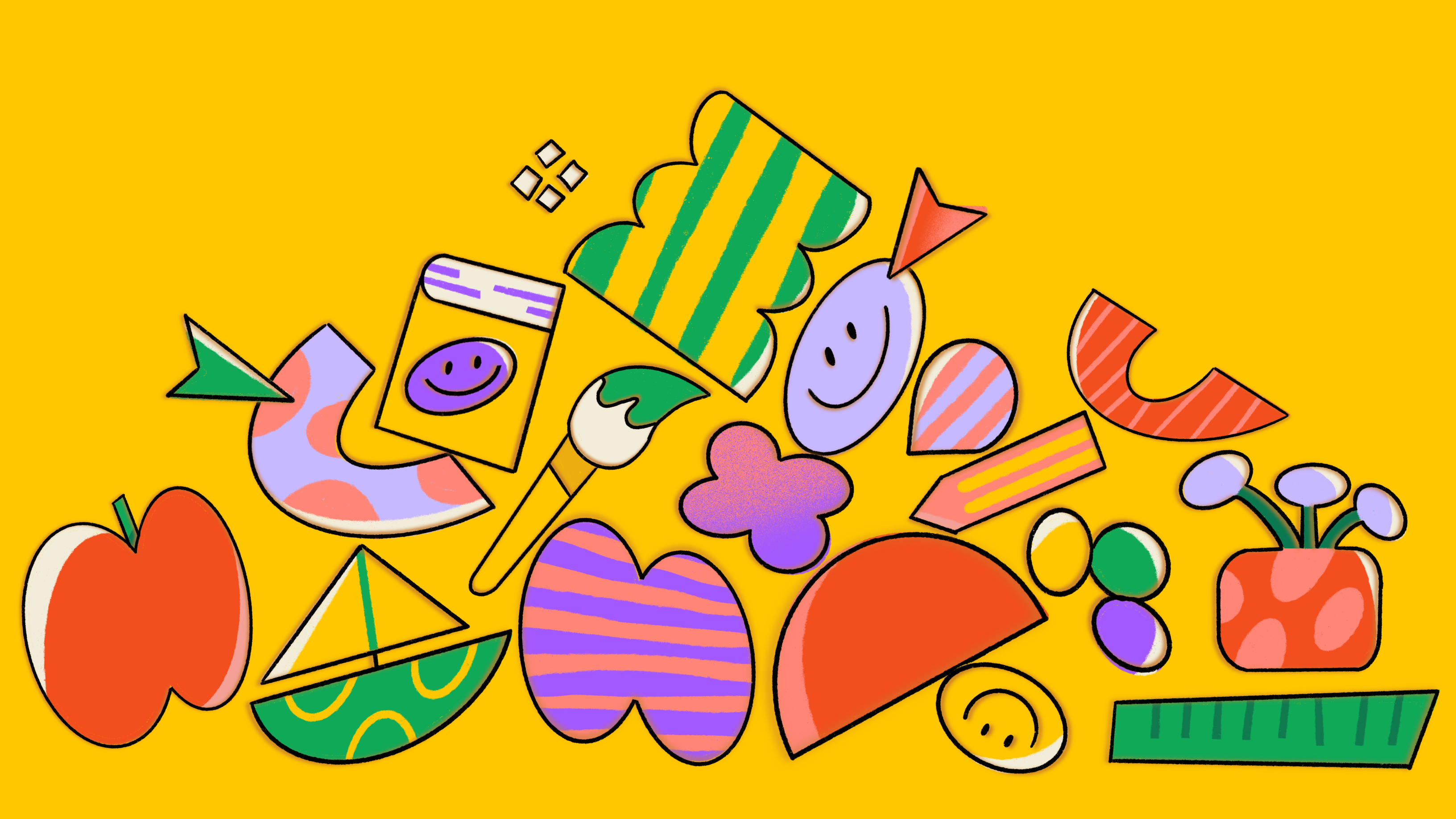 abstract illustration showing multicolored shapes, hand holding a mirror with a purple smiley face