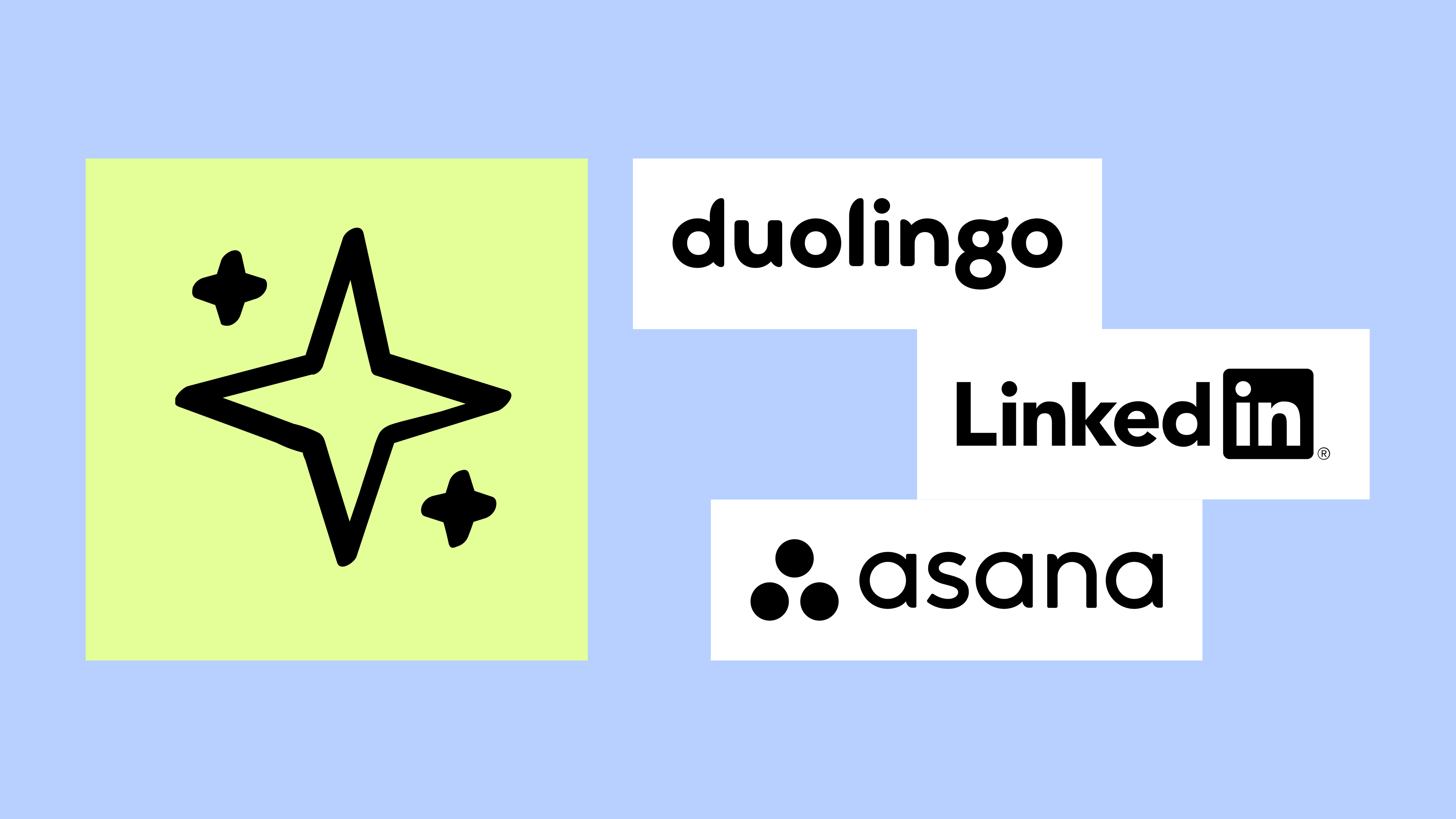 Logos for Duolingo, Linkedin, and Asana alongside a drawing of a sparkle.