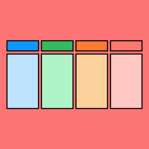 four columns of blue, green, orange, and red rectangles