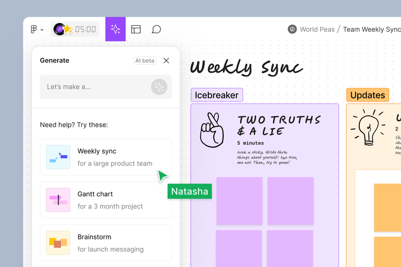 Un curseur survole l'option « Weekly Sync » et un template de réunion hebdomadaire FigJam a été ajouté au tableau FigJam.