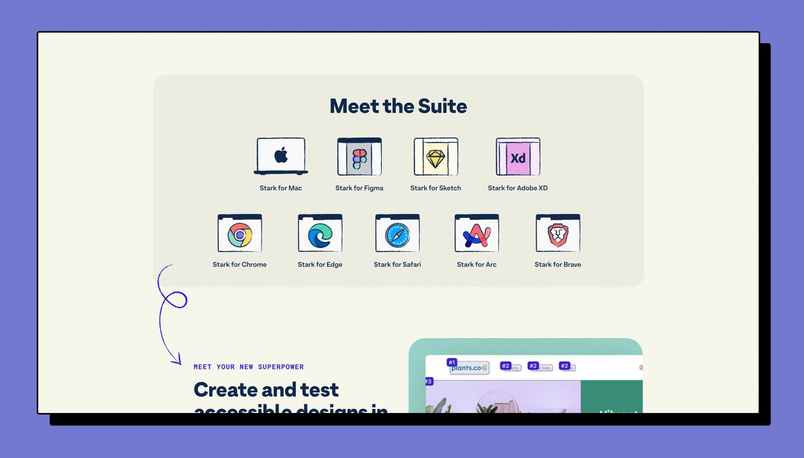 screenshot reads "meet the suite" and lists 9 platforms: Mac, Figma, Sketch, Adobe XD, Chrome, Edge, Safari, Arc, and Brave
