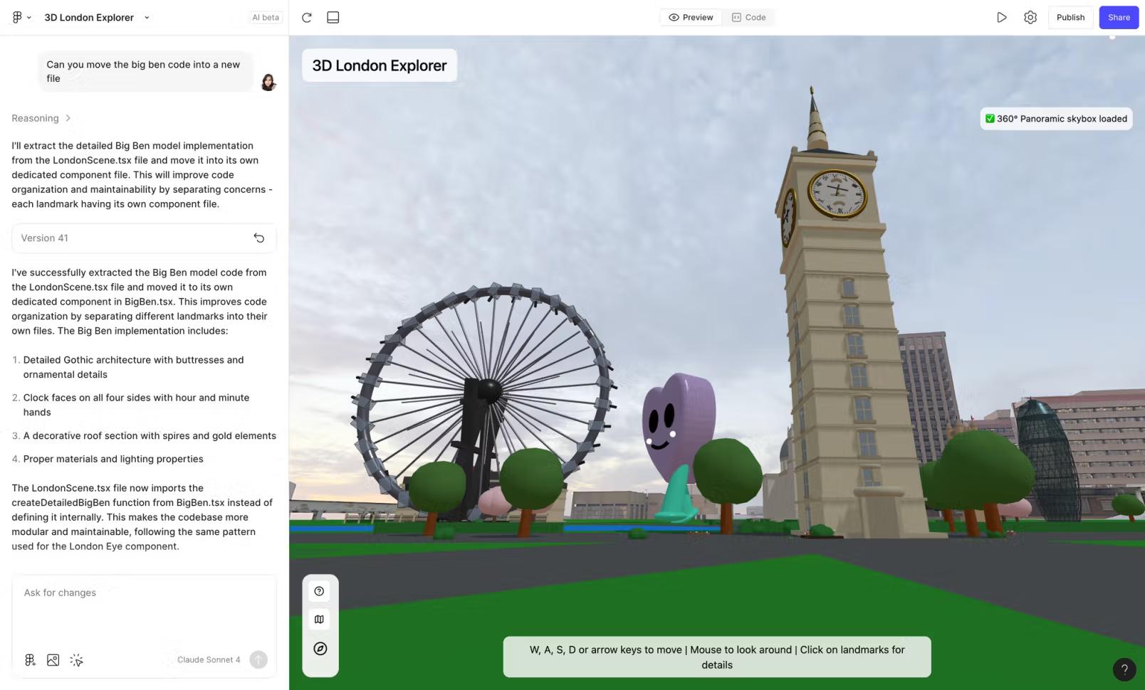 Een computerscherm waarop een geanimeerde versie van Londen te zien is, met Figma-pictogrammen in een Figma Make-prompt