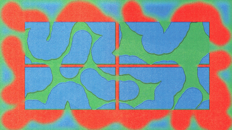 Obra de arte digital abstracta con bloques llamativos en azul, verde y rojo que forman figuras orgánicas dentro de una cuadrícula.