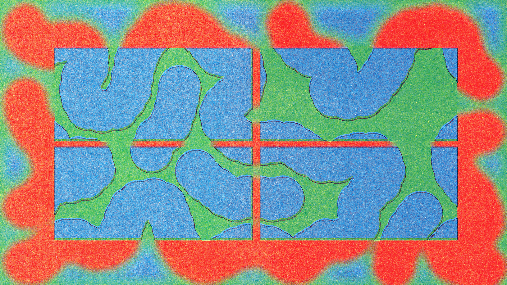 Abstract digital artwork with bold blocks of blue, green, and red forming organic shapes within a grid.