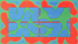 Abstract digital artwork with bold blocks of blue, green, and red forming organic shapes within a grid.