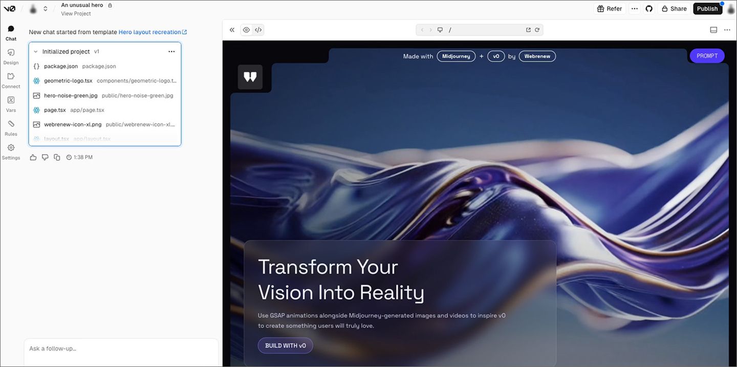 An example of Vercel’s v0 interface, showing a prototype of a landing page.