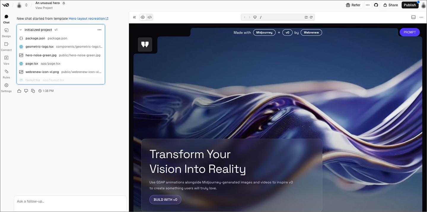 An example of Vercel’s v0 interface, showing a prototype of a landing page.