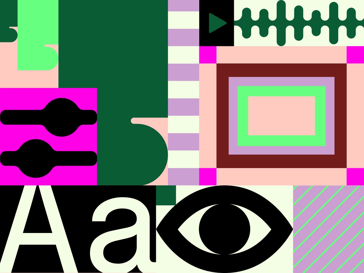 Abstract geometric collage featuring bright shapes, letters, and an eye symbol in pink, green, black, and cream tones.