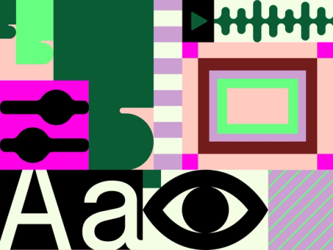 Abstract geometric collage featuring bright shapes, letters, and an eye symbol in pink, green, black, and cream tones.
