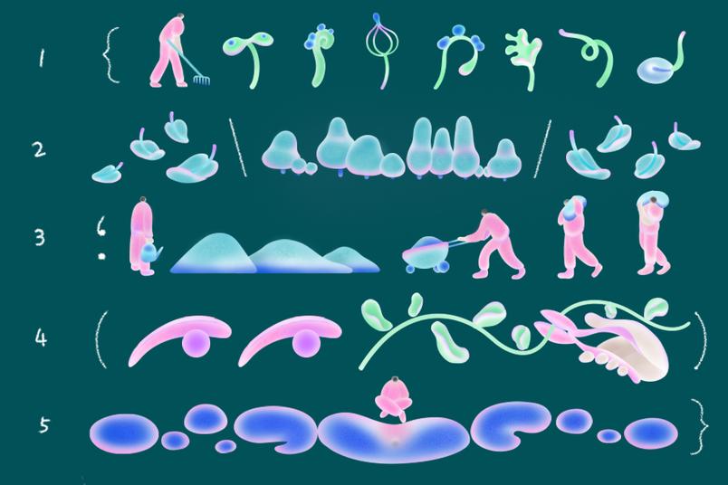 A series of gardening illustrations corresponding to each stage in the engineering crit process.
