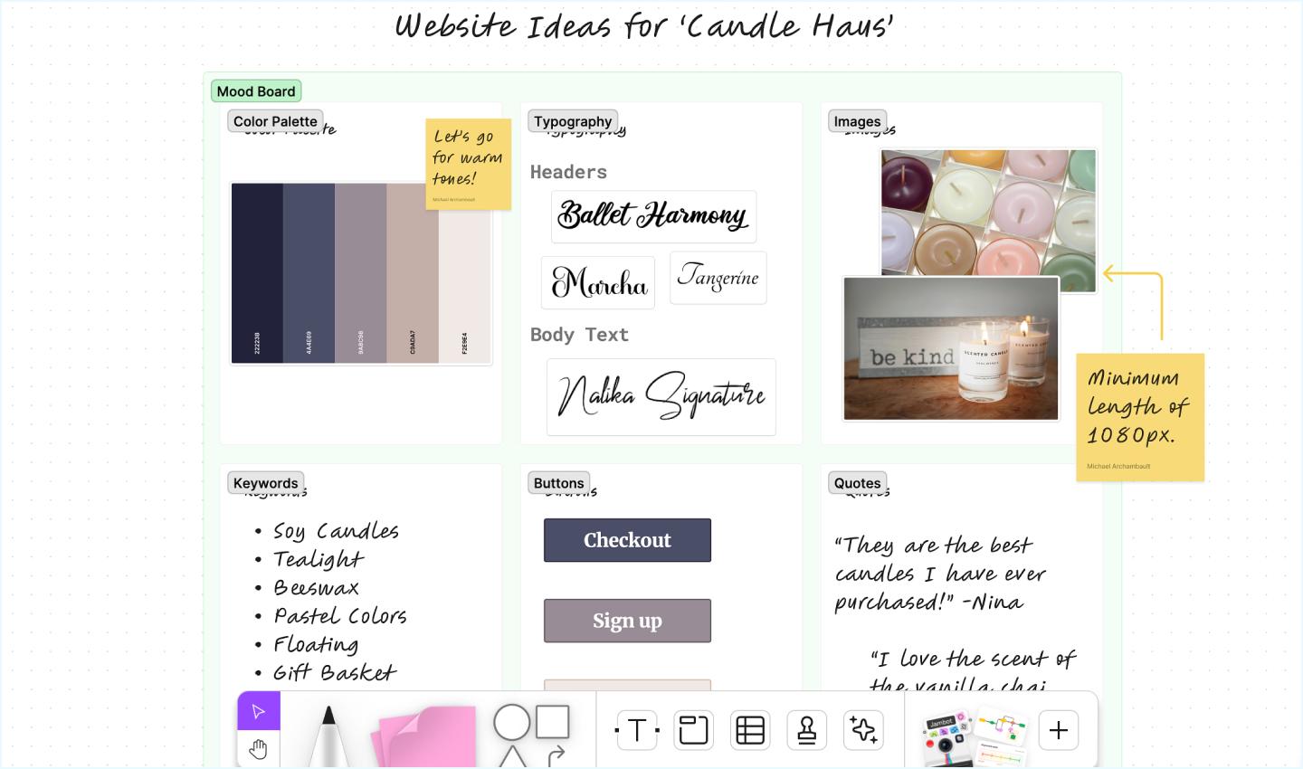 A screenshot of a mood board within FigJam, outlining ideas for a new e-commerce website.
