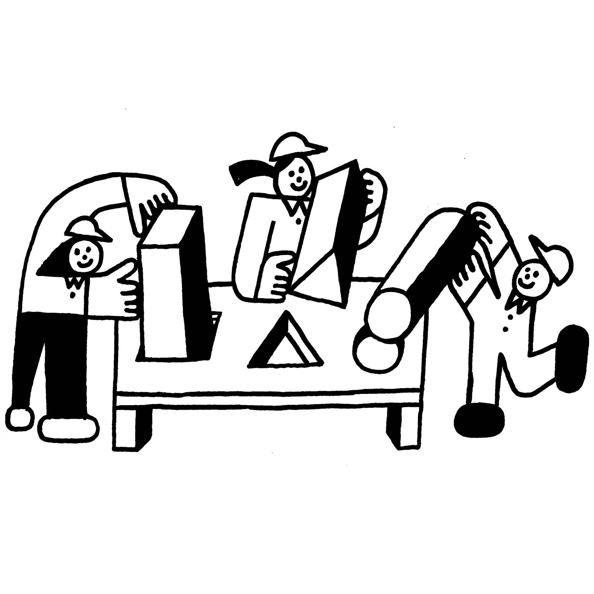 An illustration of three people fitting geometric prisms through corresponding holes on a table.