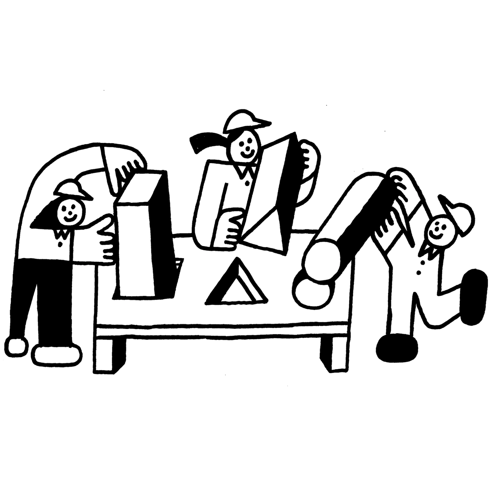 An illustration of three people fitting geometric prisms through corresponding holes on a table.