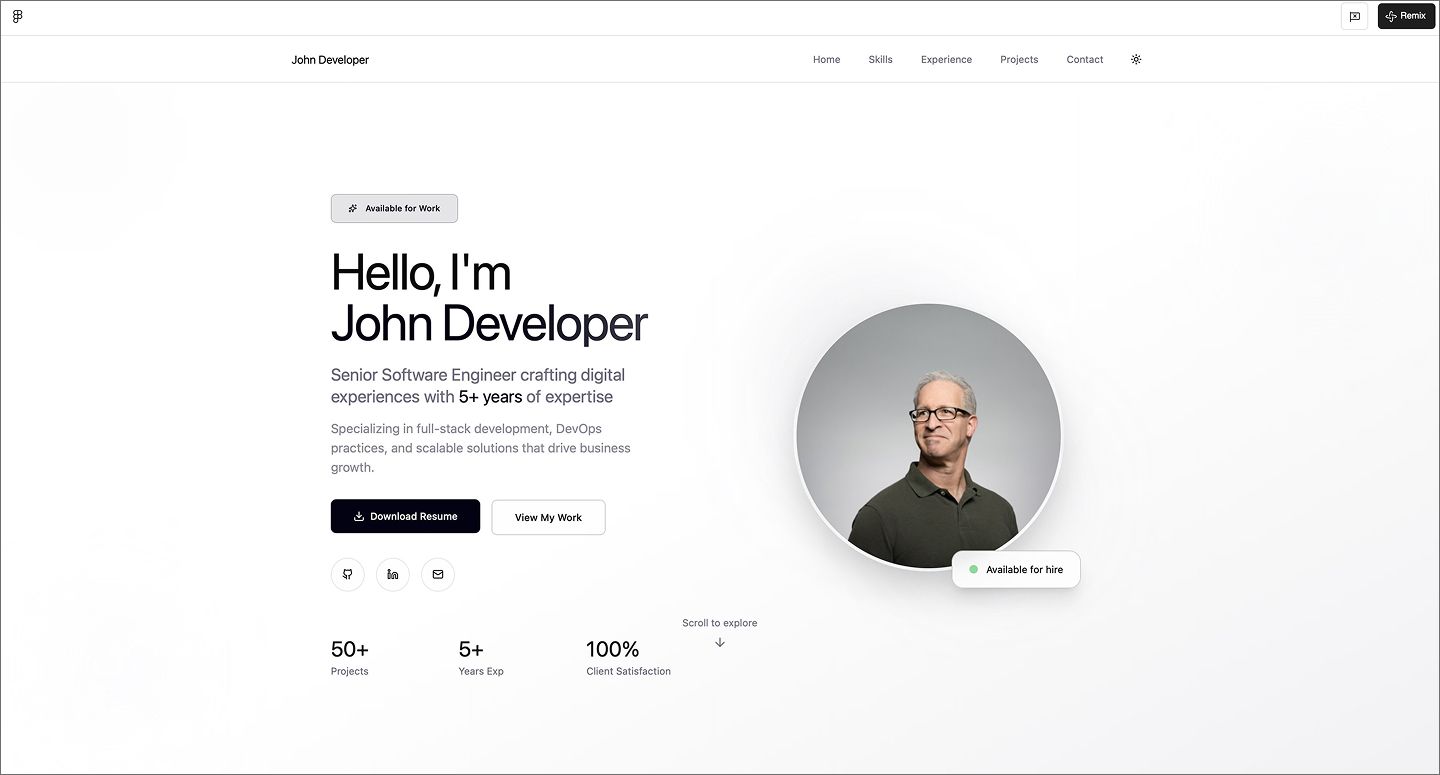 Screenshot of the senior software engineer portfolio website created using Figma Make
