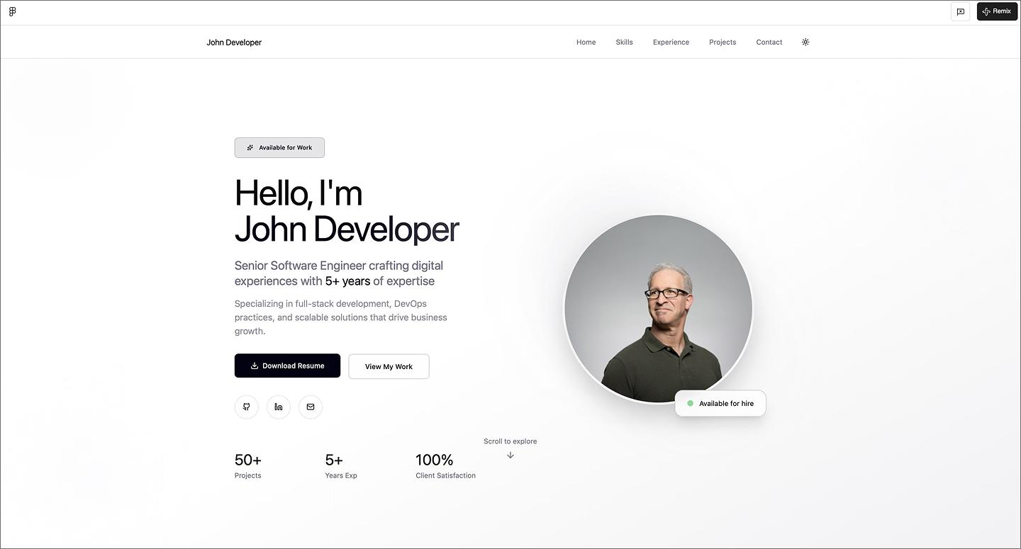 Screenshot of the senior software engineer portfolio website created using Figma Make