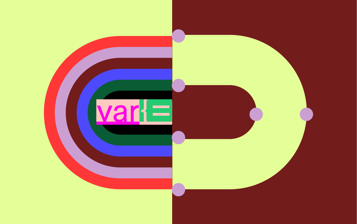 An abstract design with a large U-shaped arc, split down the middle. The left half features concentric curves in red, purple, maroon, blue, and green against a light yellow background, with the word "varE" in pink and green in the center. The right half displays a brown arc on a light yellow background with small purple dots along the curve.