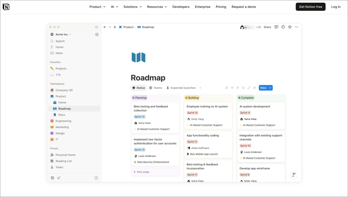 Notion’s website page for product development and workflow management.