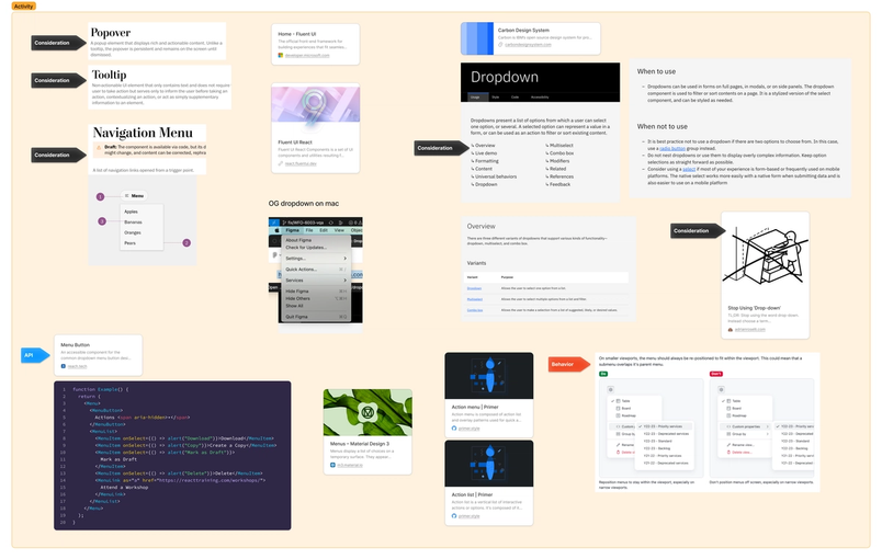 This FigJam screenshot features an array of annotated elements including hyperlinks, images, code snippets, and external references.
