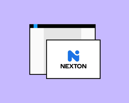 Two screens with Nextton logo with purple background