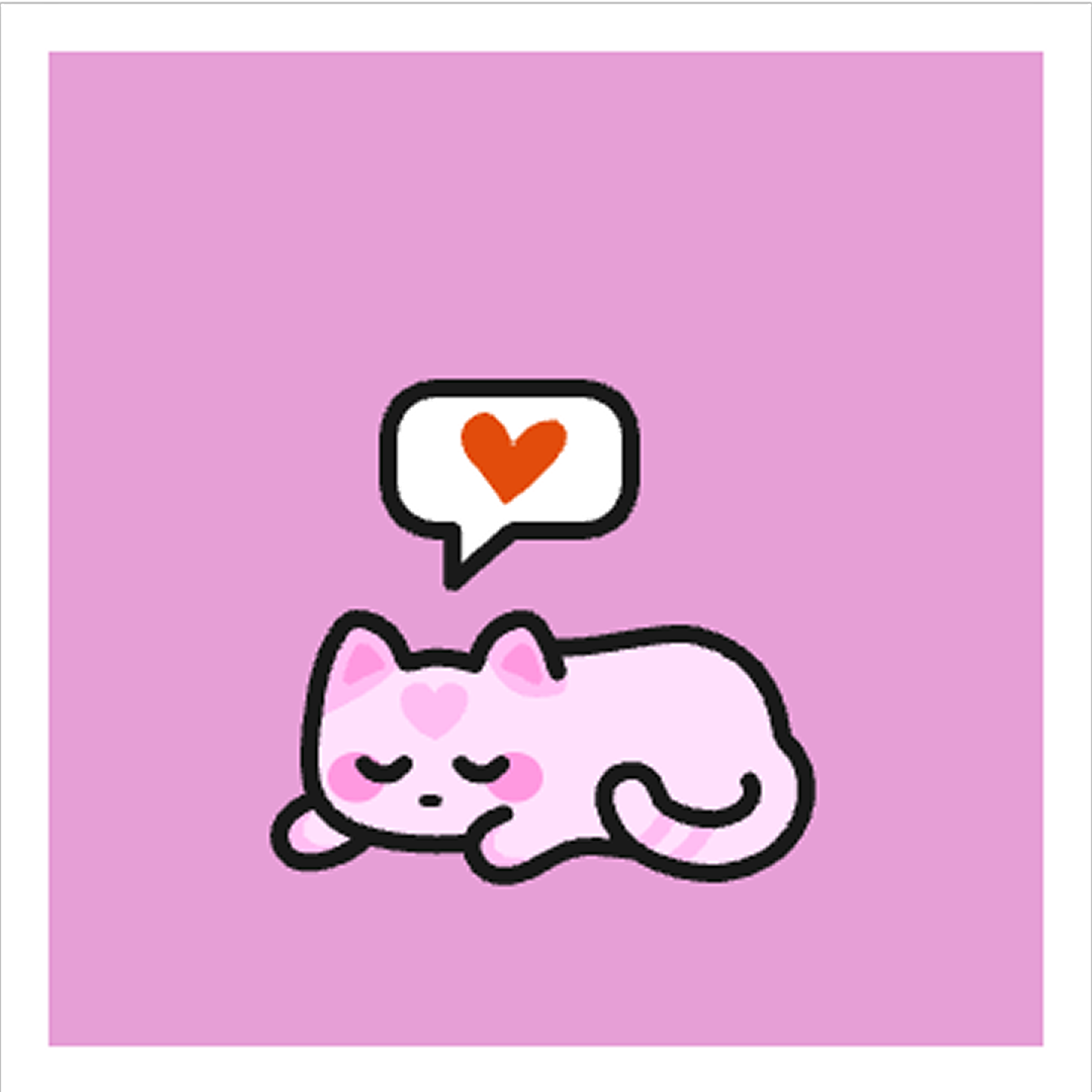 A photo strip of a pink cat with a heart speech bubble, on a pink background.