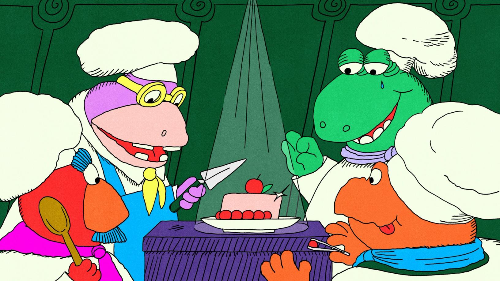 Four cartoon chefs gather around a glowing pink cake with cherries as one prepares to slice it.