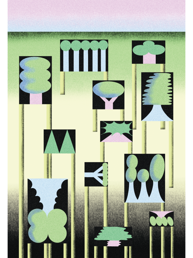 An abstract illustration features a series of geometric shapes and patterns resembling stylized trees and plants. The shapes are rendered in pastel shades of green, pink, and blue against a gradient background transitioning from a light green at the bottom to a soft pink at the top. Each tree-like shape is placed within a black rectangular frame, creating a sense of depth and structure. The overall composition is minimalist and modern, with a focus on symmetry and repetition, evoking a serene, otherworldly landscape.