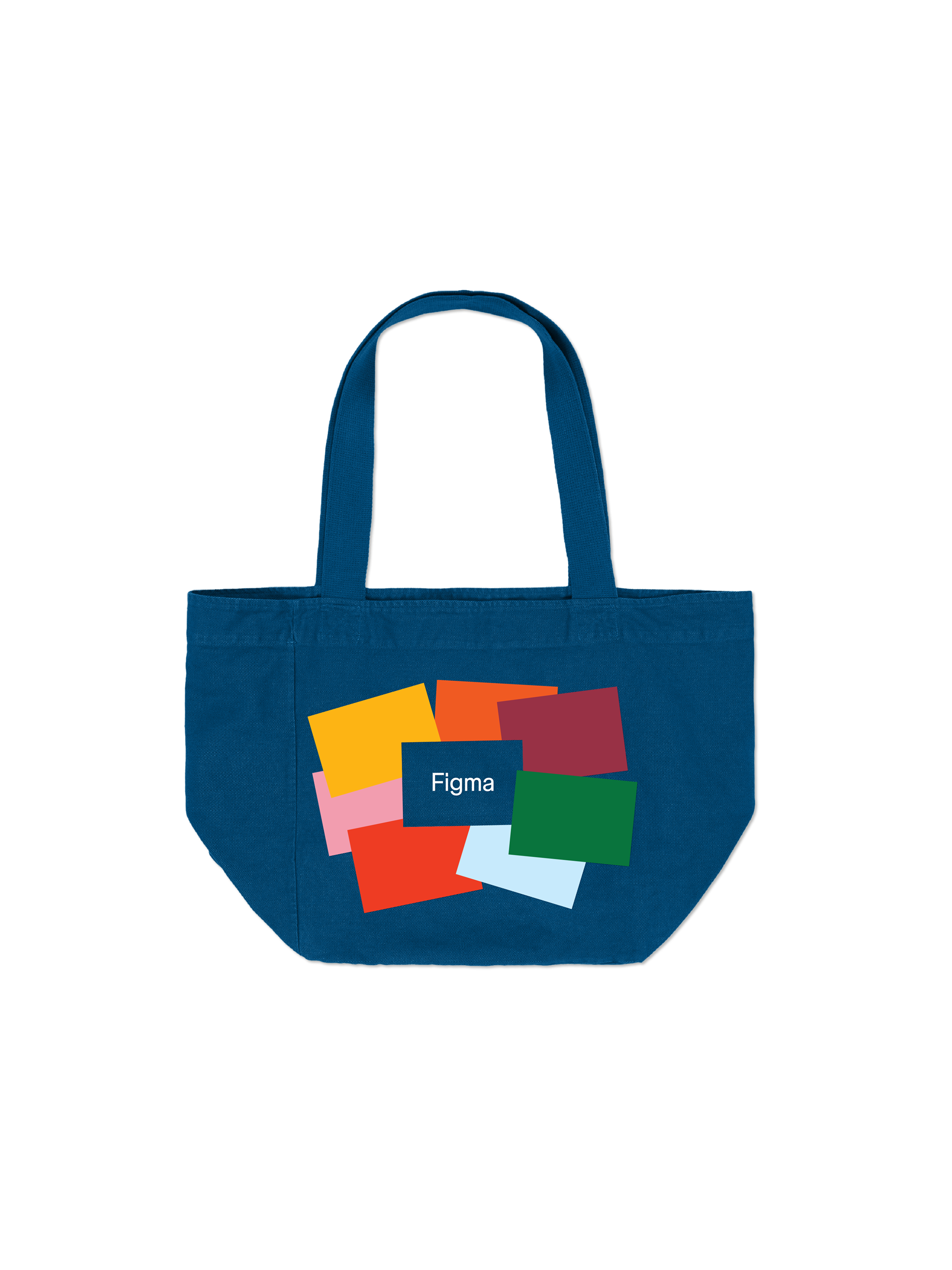 Colorful overlapping rectangles with the Figma logo printed on a navy tote bag