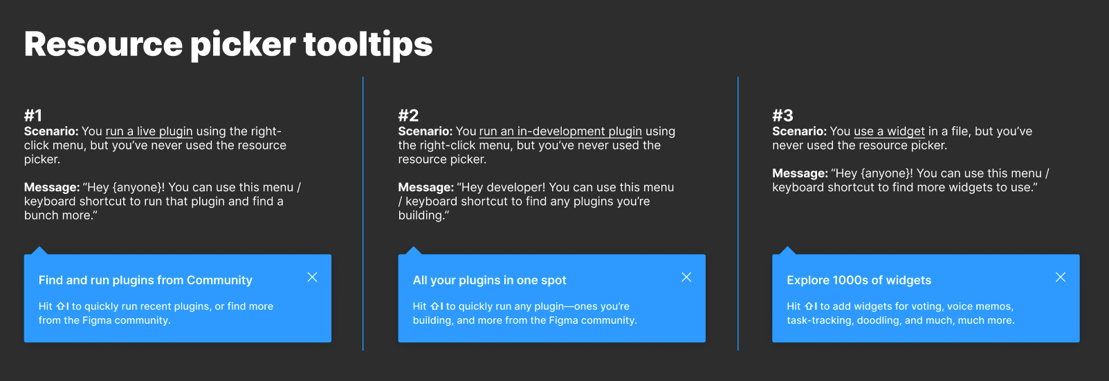 Three columns showing a tip with a Scenario, Message, and link out to plugins.