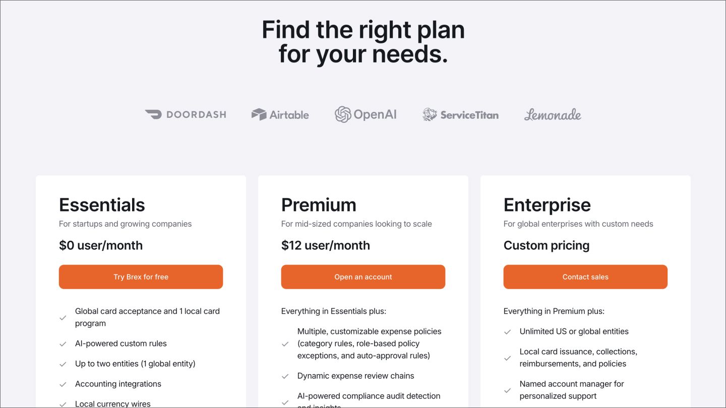 The pricing page on the Brex website.