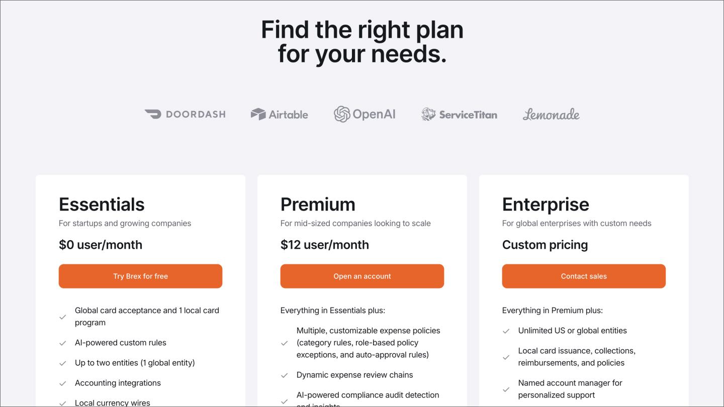 The pricing page on the Brex website.