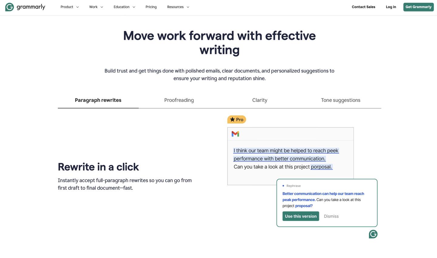 An example of Grammarly’s product messaging.