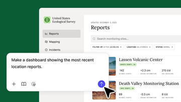 Dashboard interface showing ecological survey reports with a prompt to create a recent location reports dashboard.