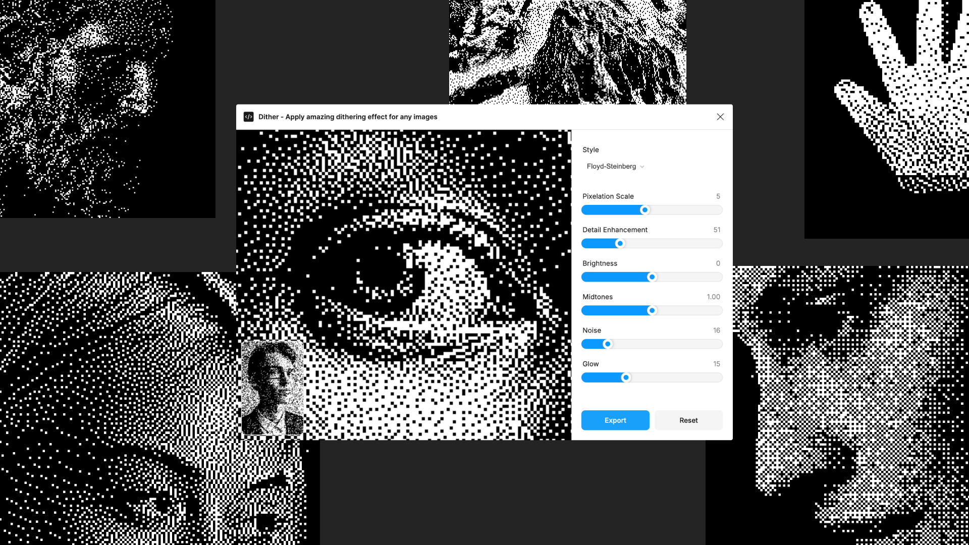 A black-and-white interface showcasing a dithering effect applied to images. The tool includes settings for pixelation scale, brightness, and noise. The preview focuses on a detailed eye, surrounded by abstract halftone-style patterns.