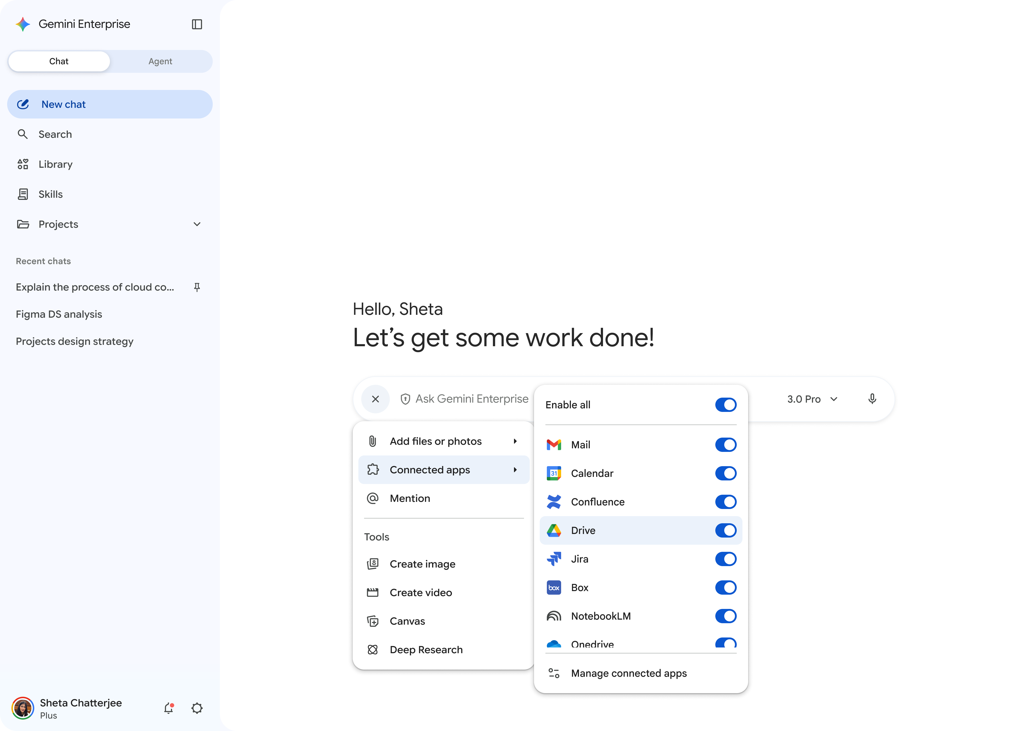 A screenshot of a user connecting apps like Gmail, Google Calendar, and Confluence to their Gemini Enterprise app