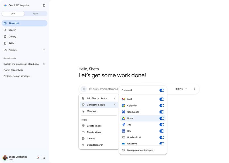 A screenshot of a user connecting apps like Gmail, Google Calendar, and Confluence to their Gemini Enterprise app
