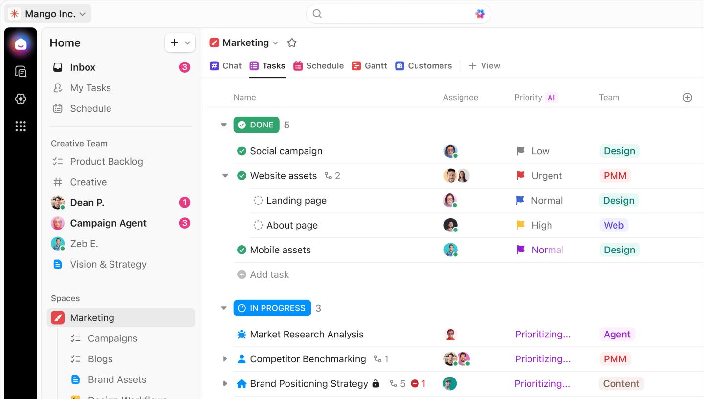 ClickUp interface with multiple project views (Gantt, list, or board) and custom fields, demonstrating flexible visual project management and task control.