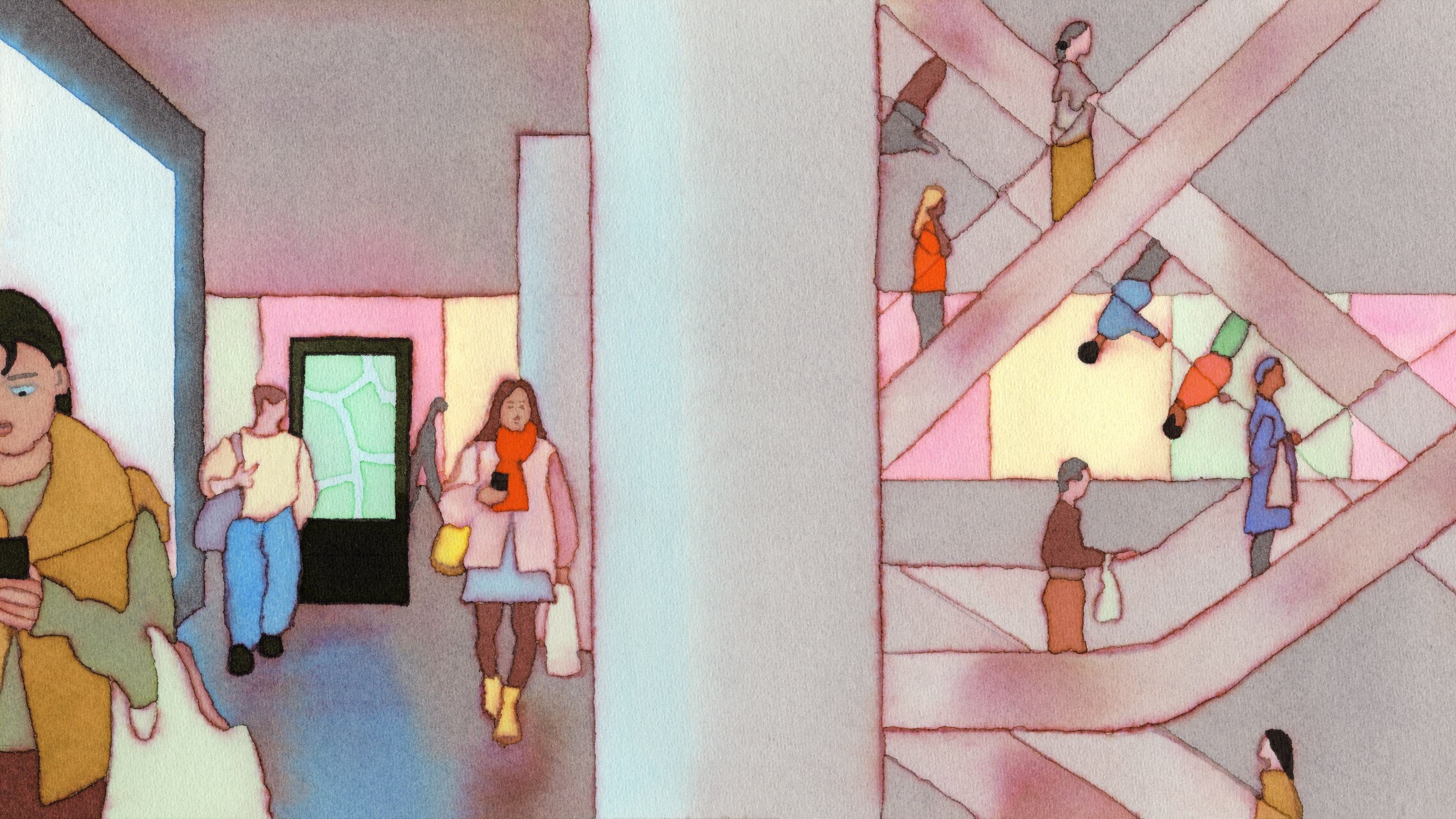 A cross section of a mall shows shoppers carrying bags and on escalators