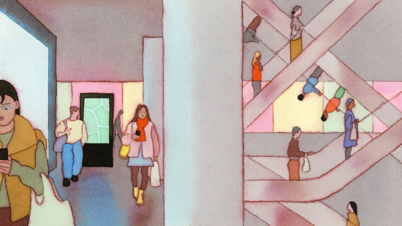 Una sección transversal de un centro comercial muestra a compradores con bolsas y en las escaleras mecánicas