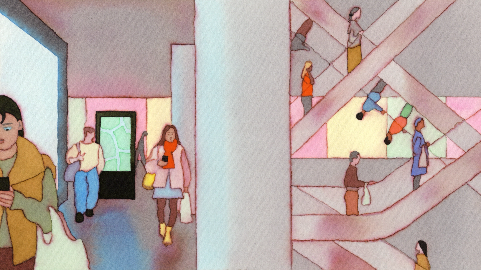 A cross section of a mall shows shoppers carrying bags and on escalators