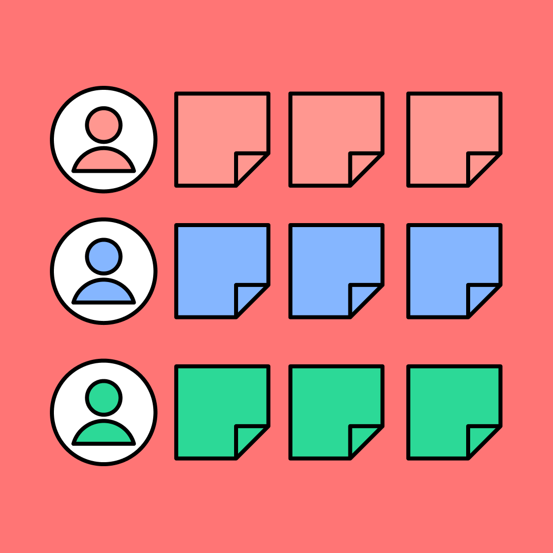 sticky notes divided into three rows each labeled by a generic human icon