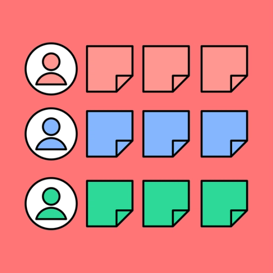sticky notes divided into three rows each labeled by a generic human icon