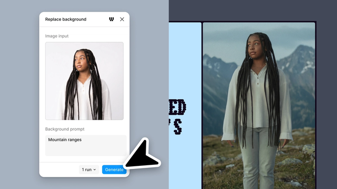 A side-by-side product graphic showing AI background replacement. On the left, a modal titled "Replace background" displays a portrait of a woman against a plain studio background and the prompt "Mountain ranges." A cursor points to the "Generate" button. On the right, the generated result places the woman outdoors in a mountainous landscape while preserving her pose, clothing, and appearance.