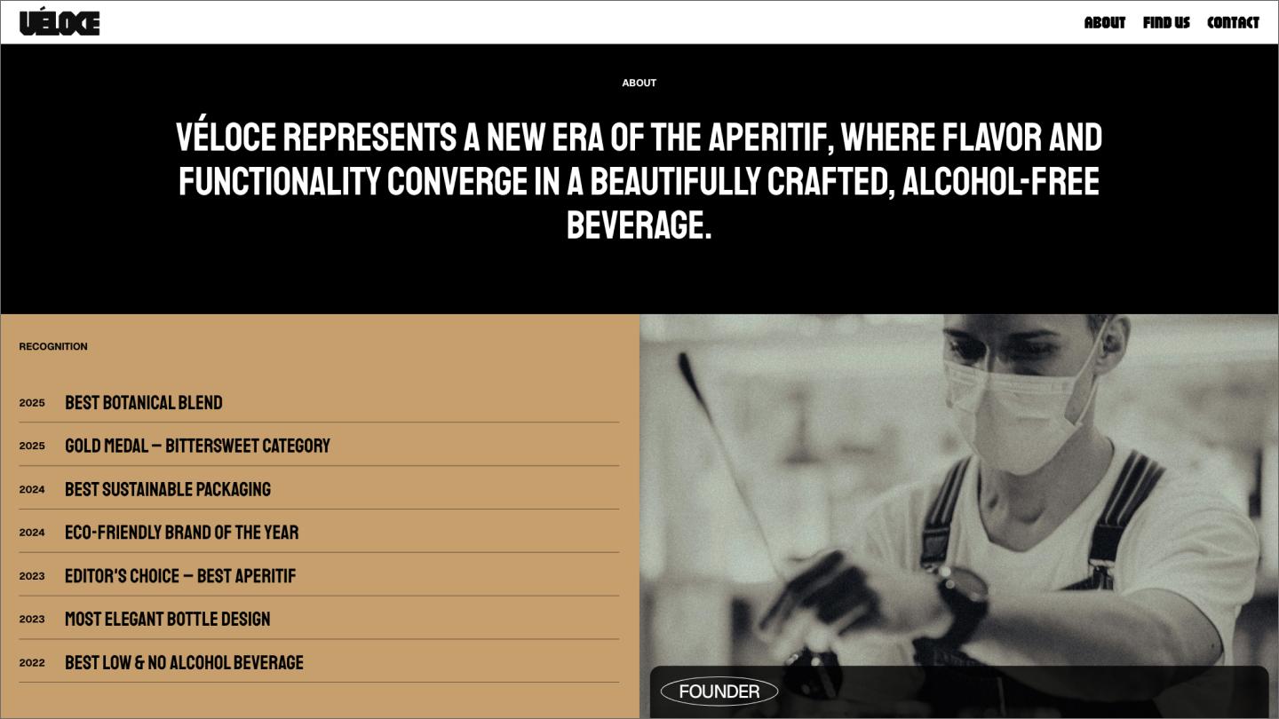 This about us page for a beverage brand highlights the founder and multiple awards.