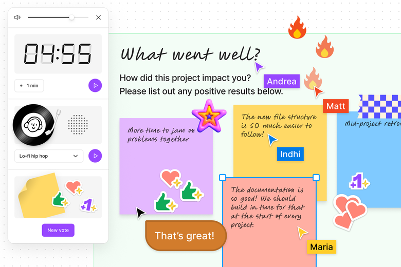 Un tableau FigJam contenant un timer, des tampons, des notes et un curseur de tchat faisant apparaître le message « That's great ».