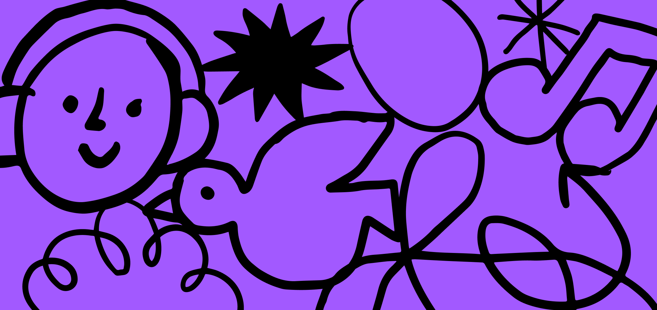 Sketch of a person smiling and listening to headphones