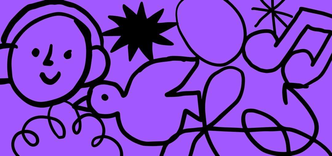 Sketch of a person smiling and listening to headphones