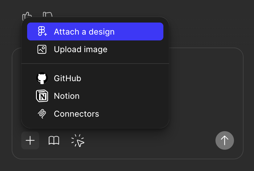 A dropdown menu offering options to attach a design, upload an image, or connect GitHub, Notion, and other integrations.