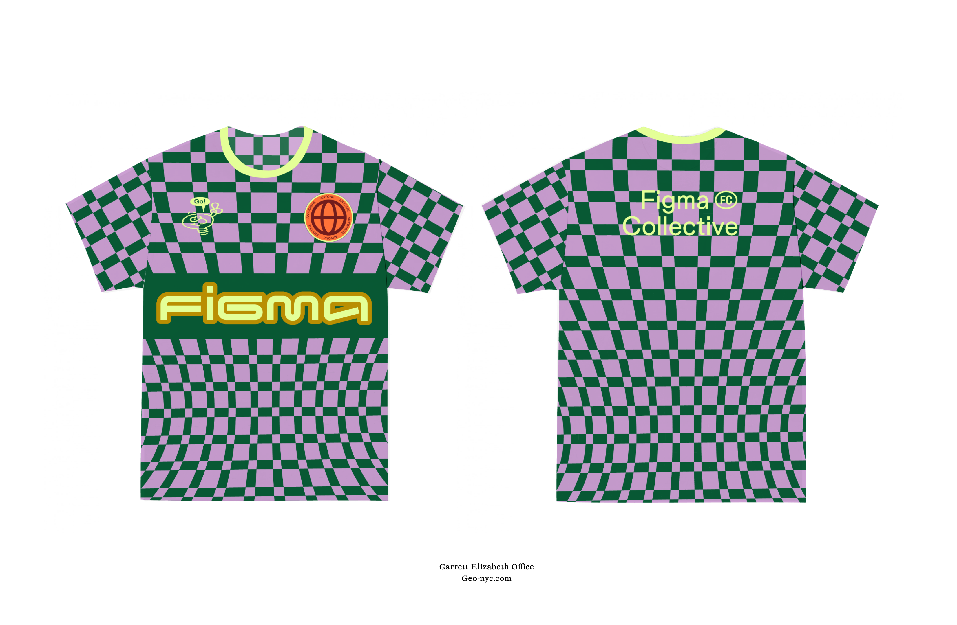 Green and purple checkered Figma jersey featuring bold yellow logo across chest, circular patches on front, and “Figma Collective” text on back.