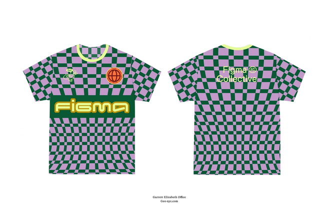 Green and purple checkered Figma jersey featuring bold yellow logo across chest, circular patches on front, and “Figma Collective” text on back.
